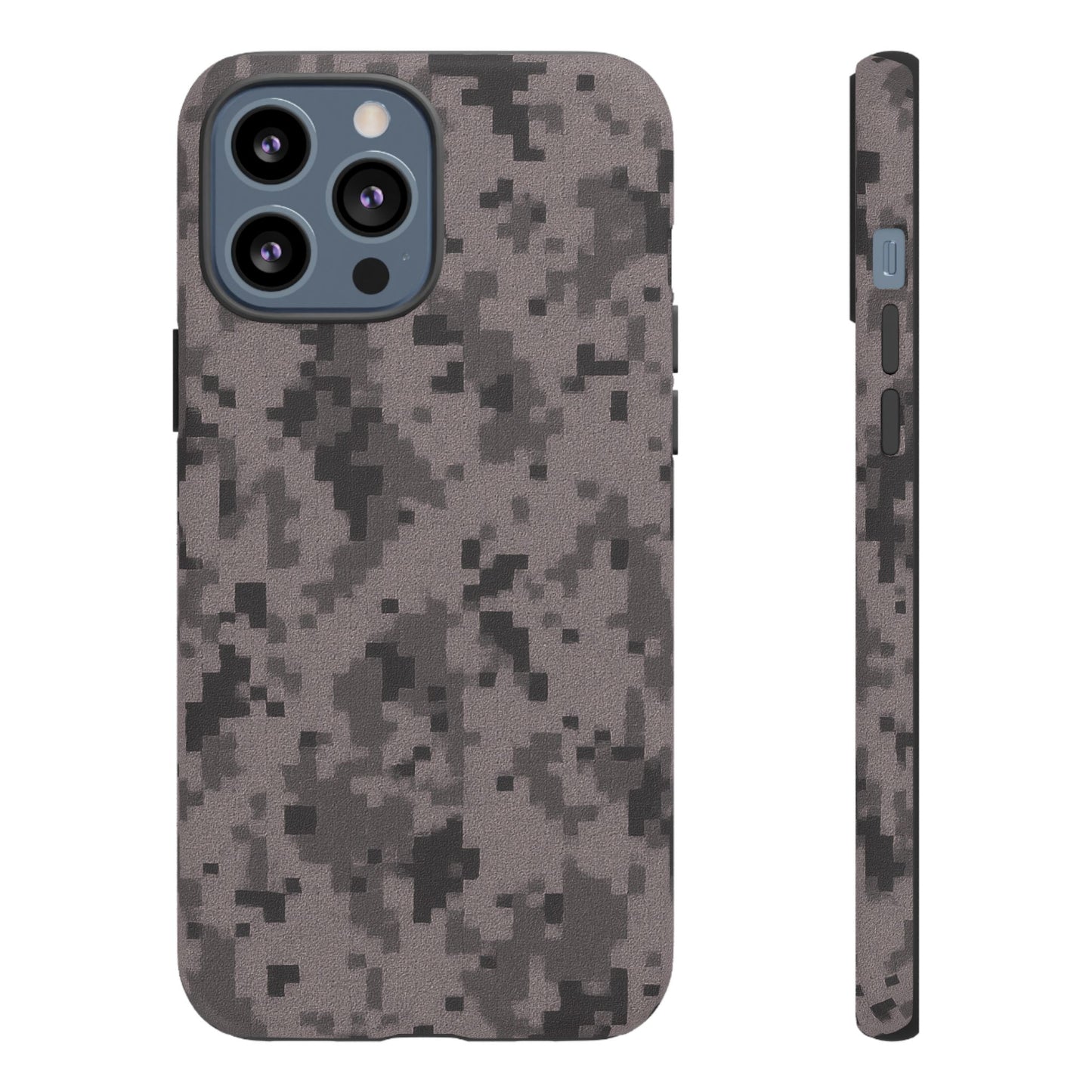 Gray digital camo phone case by Printify, tough protective cover designed for smartphones with a stylish camouflage pattern.