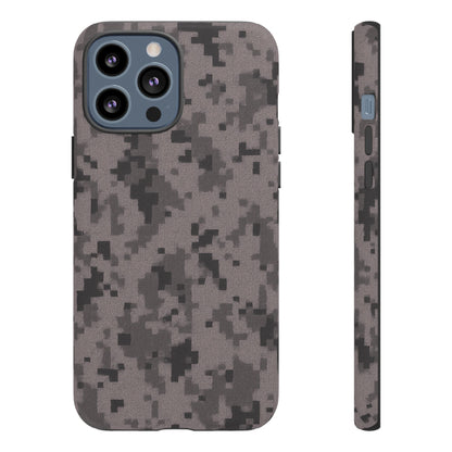 Gray digital camo phone case by Printify, tough protective cover designed for smartphones with a stylish camouflage pattern.