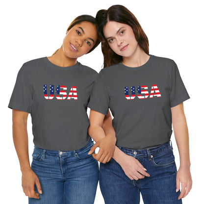 USA Flag Text Tee — Patriotic Fourth of July T-Shirt