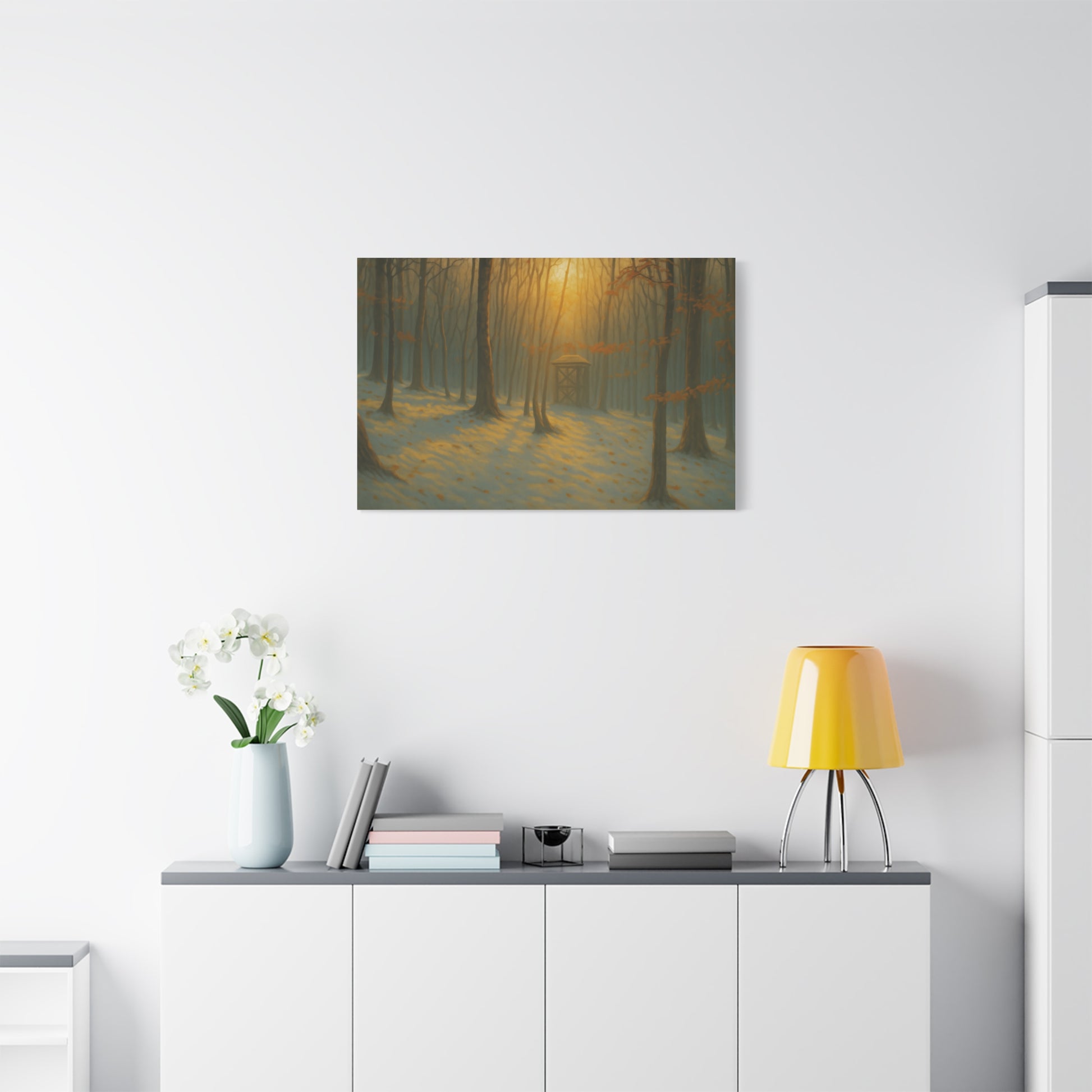 Matte stretched canvas print of Misty Forest Sunrise landscape artwork by Printify, showcasing a serene forest scene at dawn.
