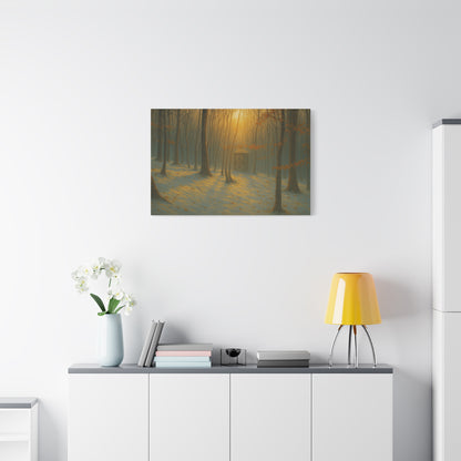 Matte stretched canvas print of Misty Forest Sunrise landscape artwork by Printify, showcasing a serene forest scene at dawn.