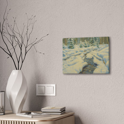 Snowy forest stream winter landscape canvas wall art by Printify, featuring a tranquil snowy forest with a flowing stream.