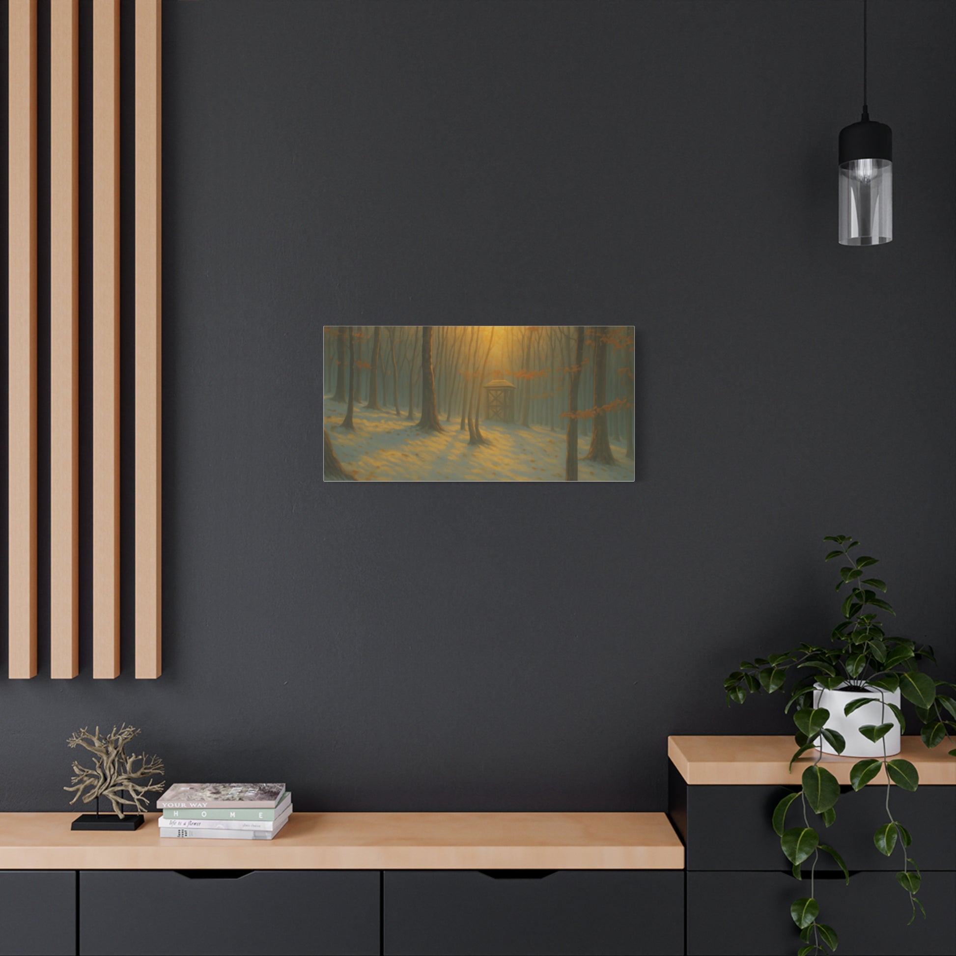 Matte stretched canvas art print of a misty forest sunrise, featuring lush trees and soft morning light by Printify.