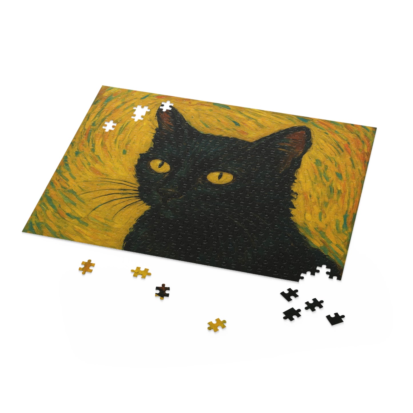 Black cat portrait puzzle by Printify, custom photo puzzle featuring a detailed black cat image in 120-500 pieces.