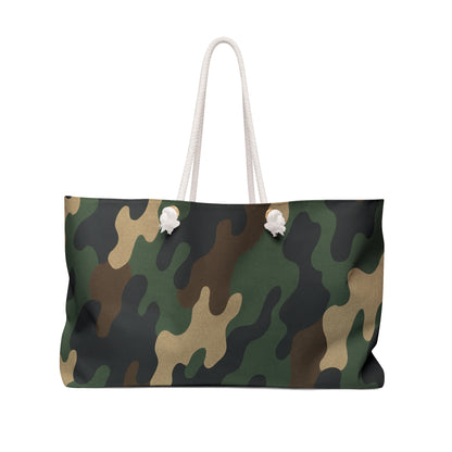 Military green camo weekender bag by Printify, spacious travel tote with durable fabric, perfect for weekend getaways.
