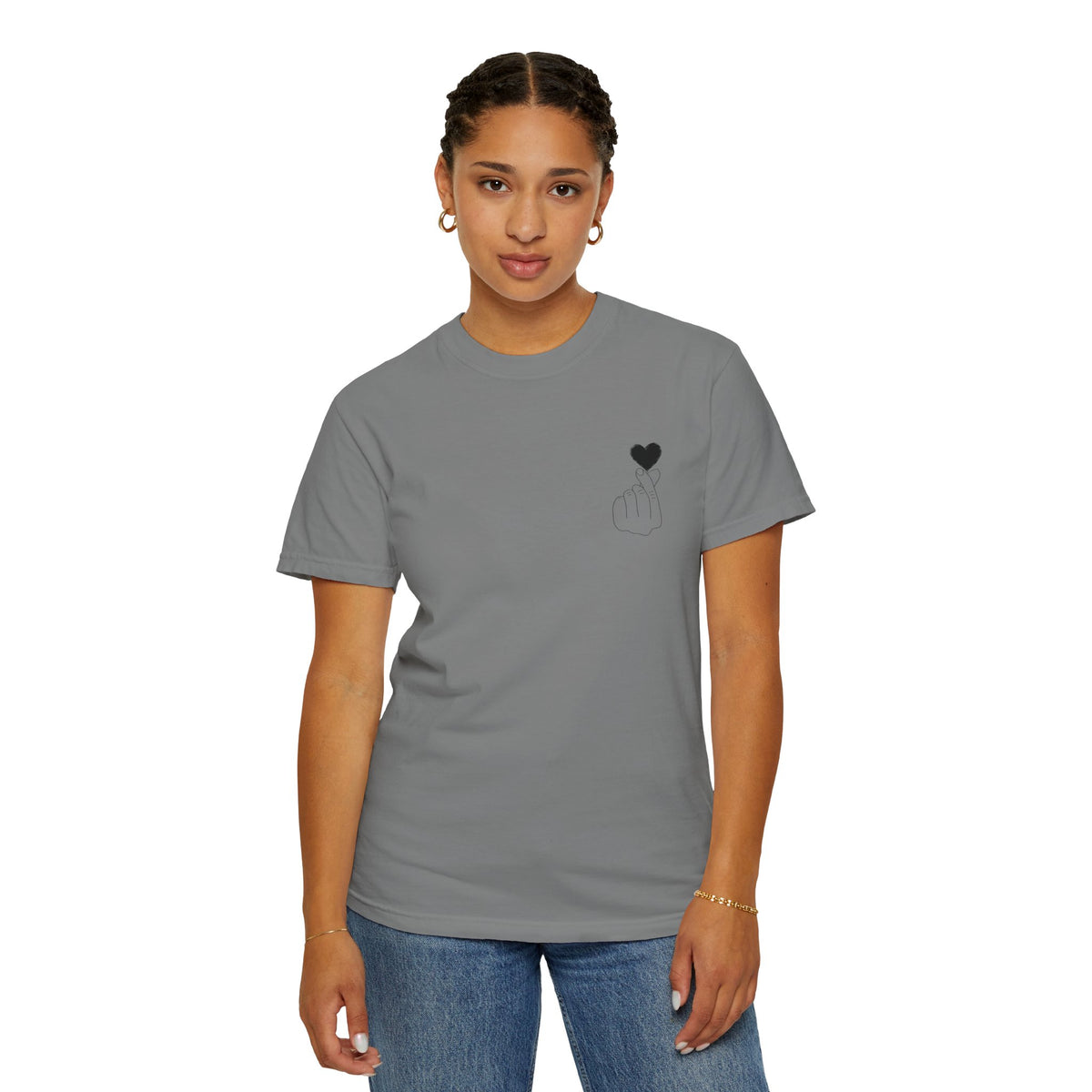 Black T-shirt with a minimal finger heart graphic design, by Printify, featuring a subtle black heart on the front.