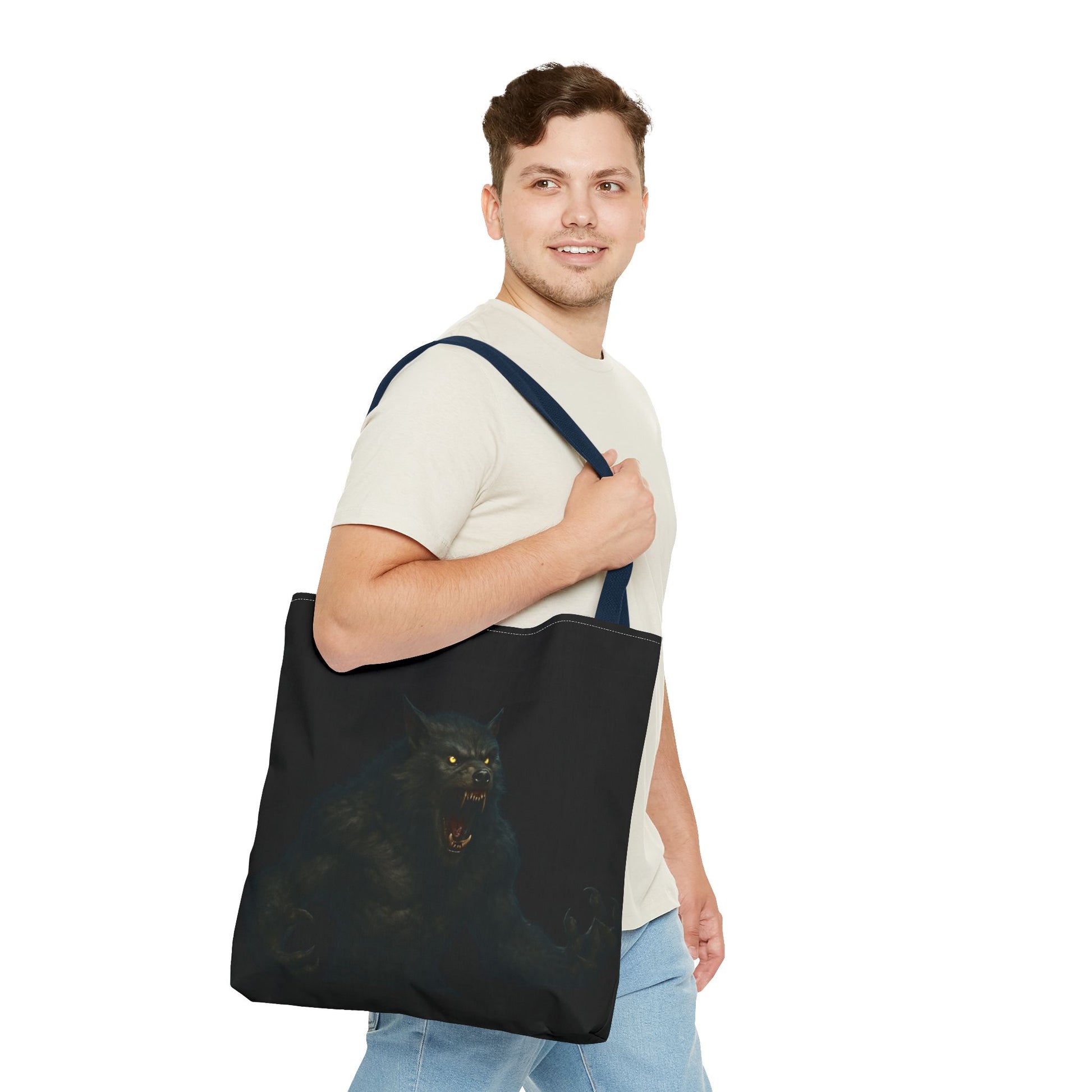 Werewolf tote bag featuring dark Halloween art, perfect for horror fans, made by Printify, shown with spooky design on fabric.