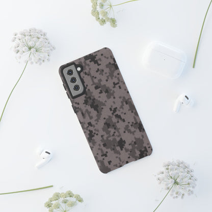 Gray digital camouflage phone case by Printify, tough protective cover for smartphones with a rugged camouflage design.