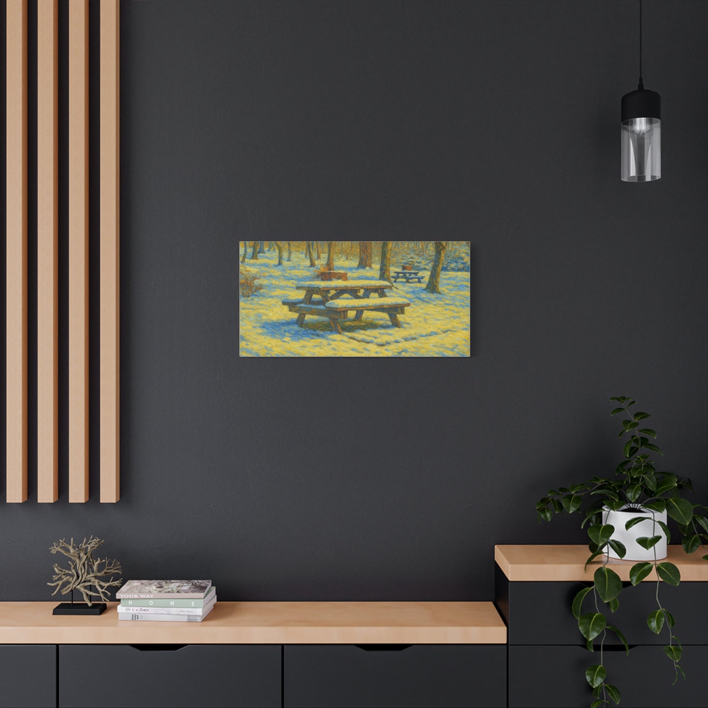 Winter picnic canvas print showing a snow-covered park bench with trees in the background, wall art by Printify.