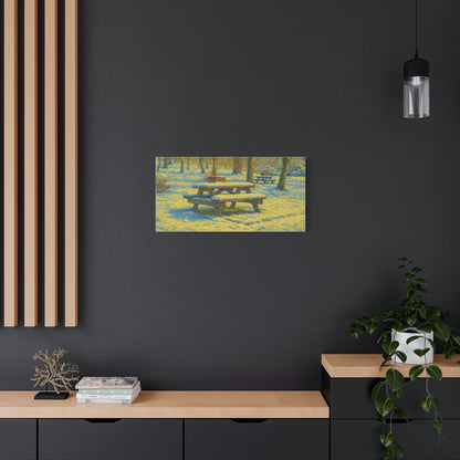 Winter picnic canvas print showing a snow-covered park bench with trees in the background, wall art by Printify.