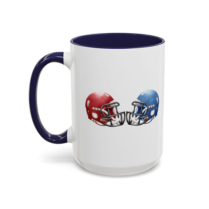 Football Helmet Coffee Mug — Red vs Blue Rivalry Accent Mug (11/15oz)