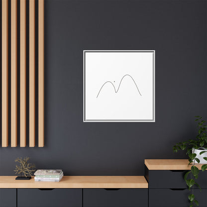 Minimalist mountain line art on framed matte canvas, modern wall art by Printify showcasing simple mountain outline design.