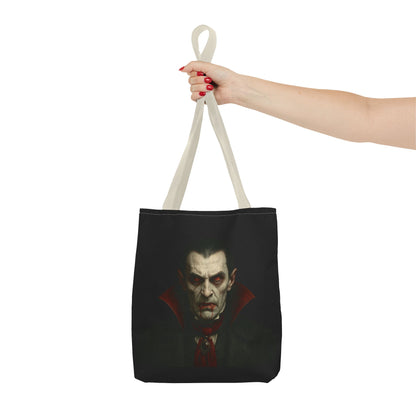 Black vampire tote bag with Gothic Halloween design, featuring spooky imagery and durable fabric, perfect for spooky season accessories.