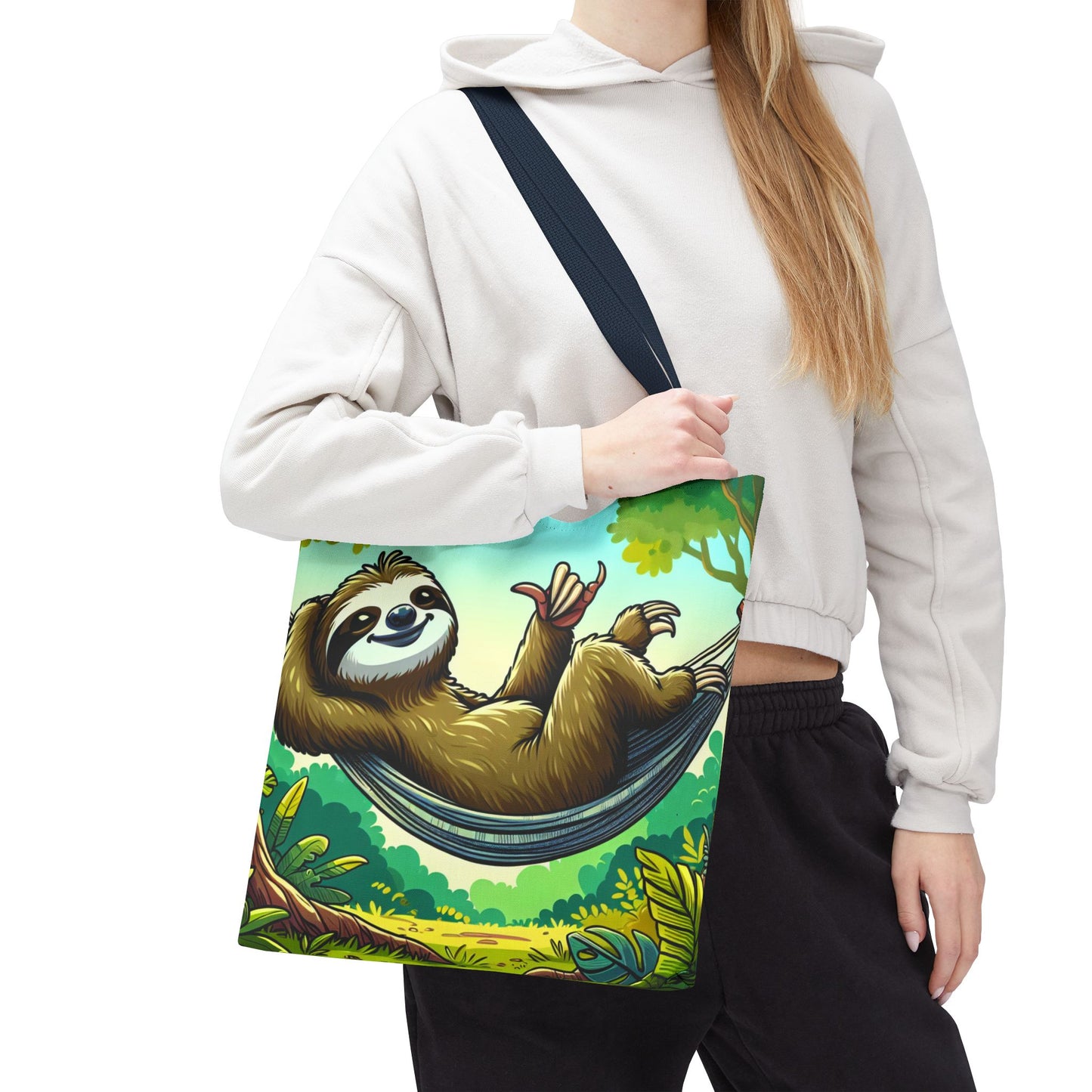Cute eco-friendly sloth tote bag with a printed sloth design, perfect for animal lovers and casual outings.