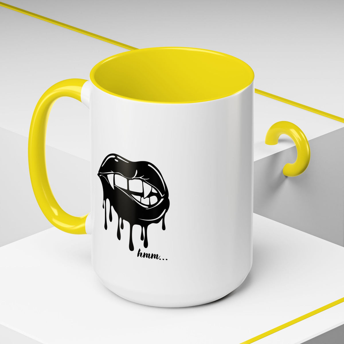 Black Dripping Bite Coffee Mug by Printify, 11oz or 15oz ceramic mug with a unique dripping bite design.