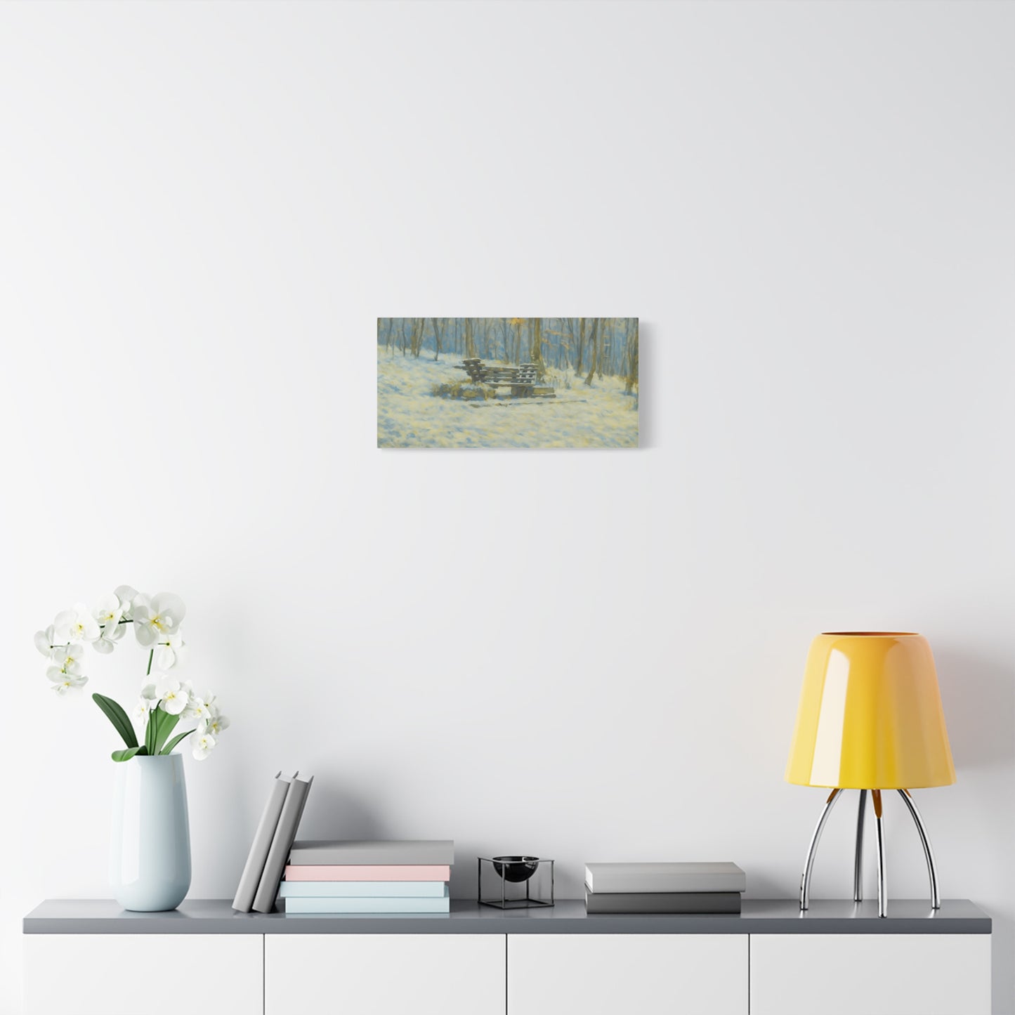 Snowy winter woodland park bench matte canvas print, stretched 1.25 inches, decorative winter landscape wall art by Printify
