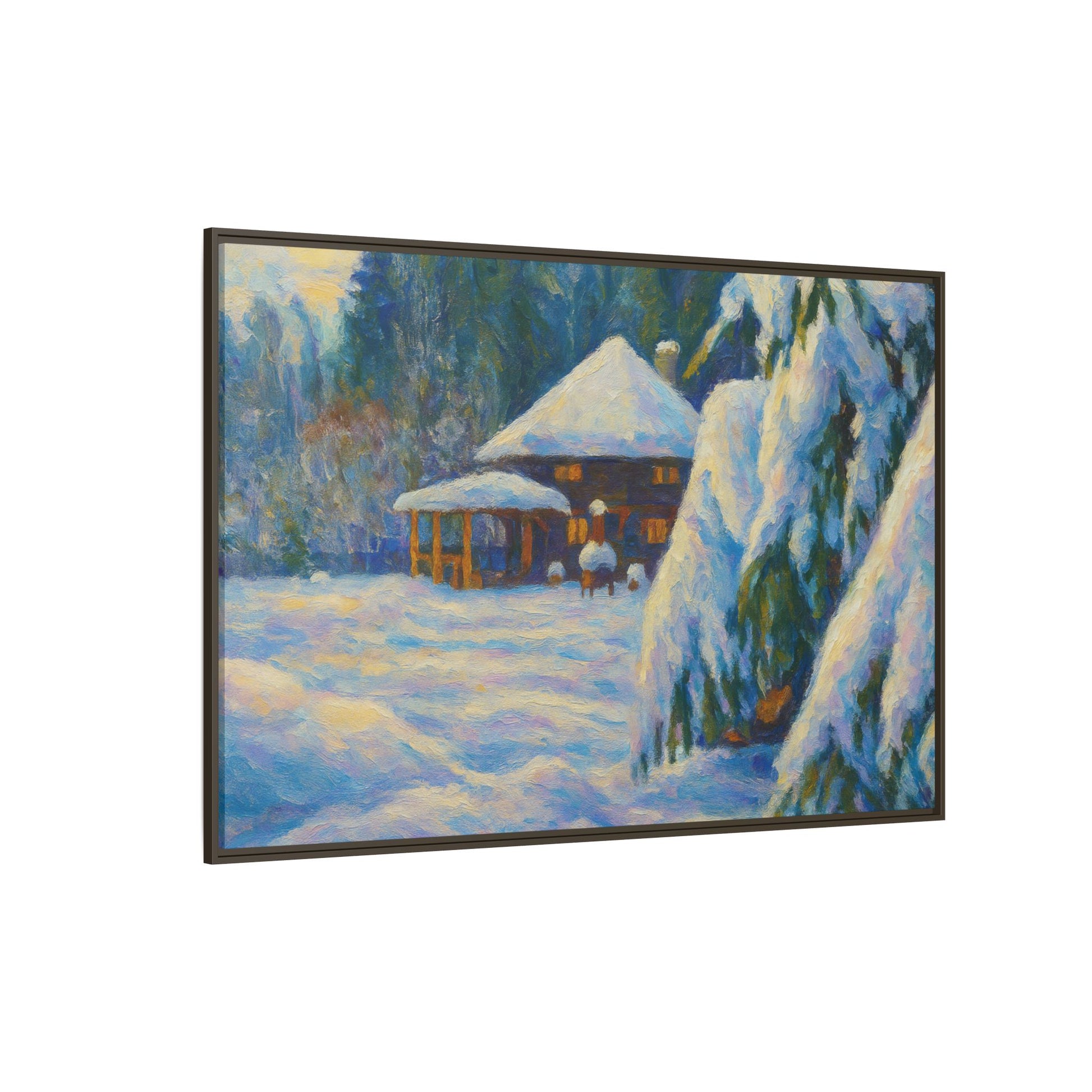Framed matte canvas of a snowy cabin winter landscape wall art by Printify, featuring a cozy snow-covered cabin scene.