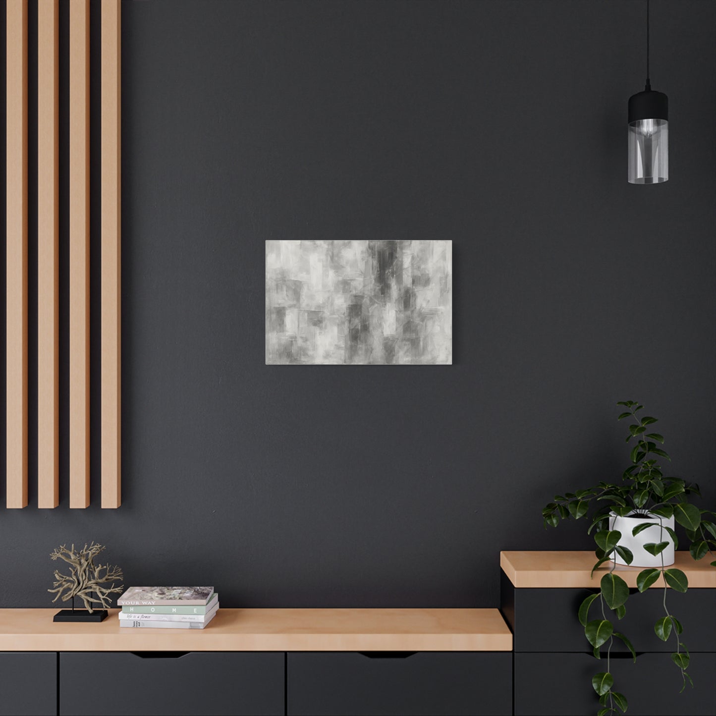 Abstract grey brushstroke canvas wall art on modern matte stretched canvas, neutral tones for contemporary home decor.