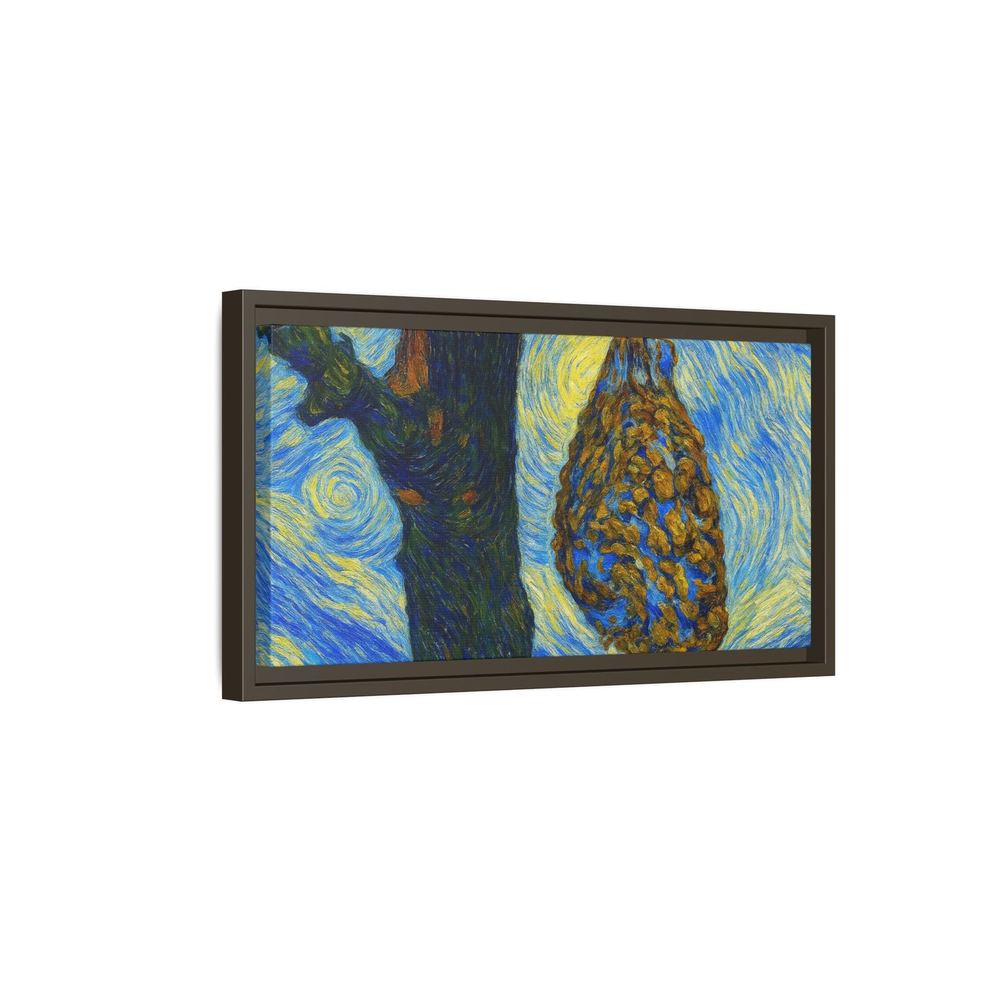 Framed matte canvas art of a starry nut cluster with dried plum in a tree, by Printify, showcasing detailed botanical artwork.