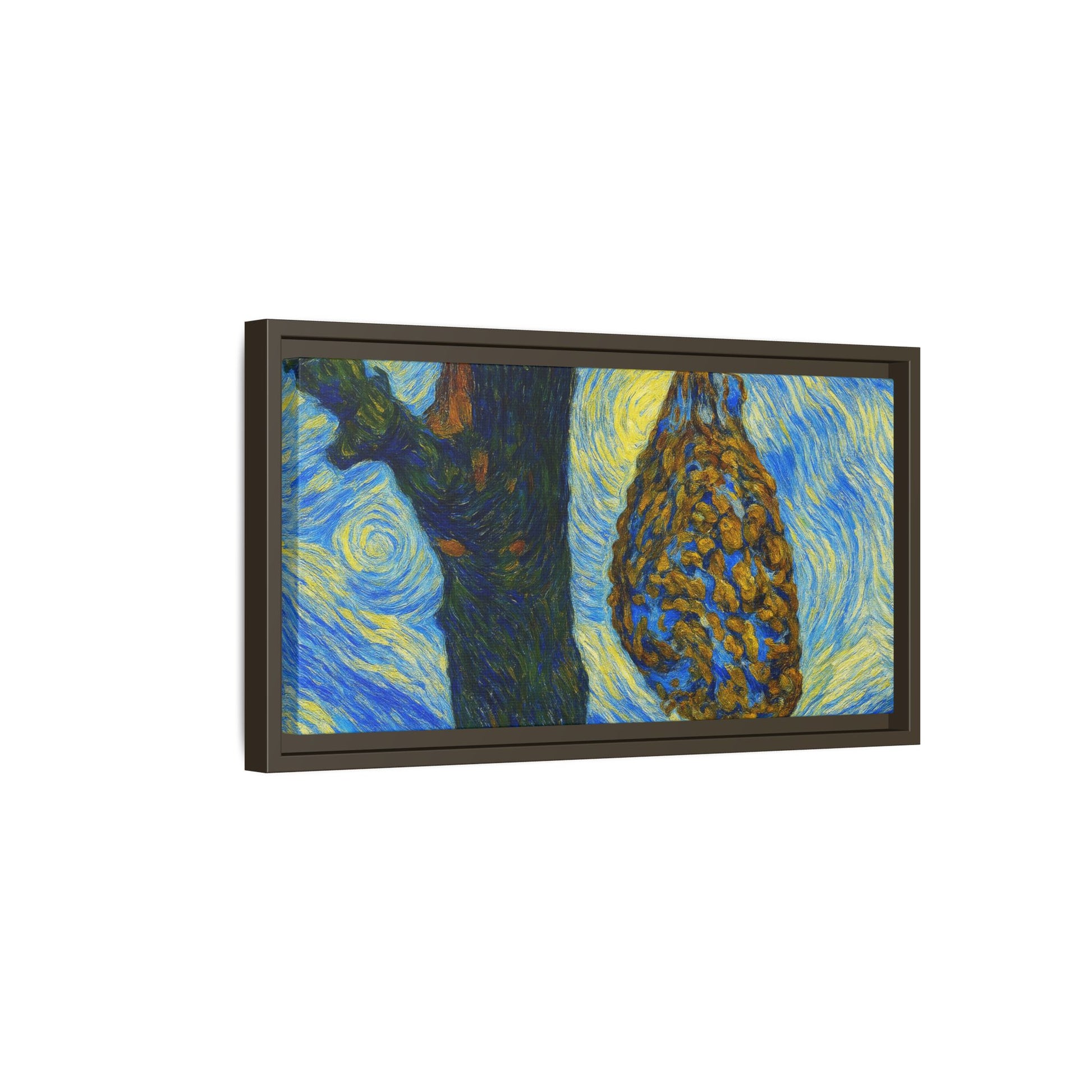 Framed matte canvas art of a starry nut cluster with dried plum in a tree, by Printify, showcasing detailed botanical artwork.