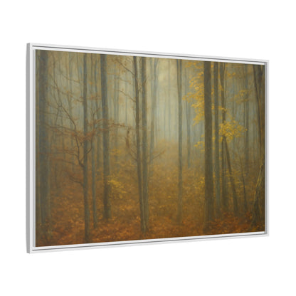 Framed matte canvas wall art of a misty autumn forest with trees and fall foliage, by Printify.
