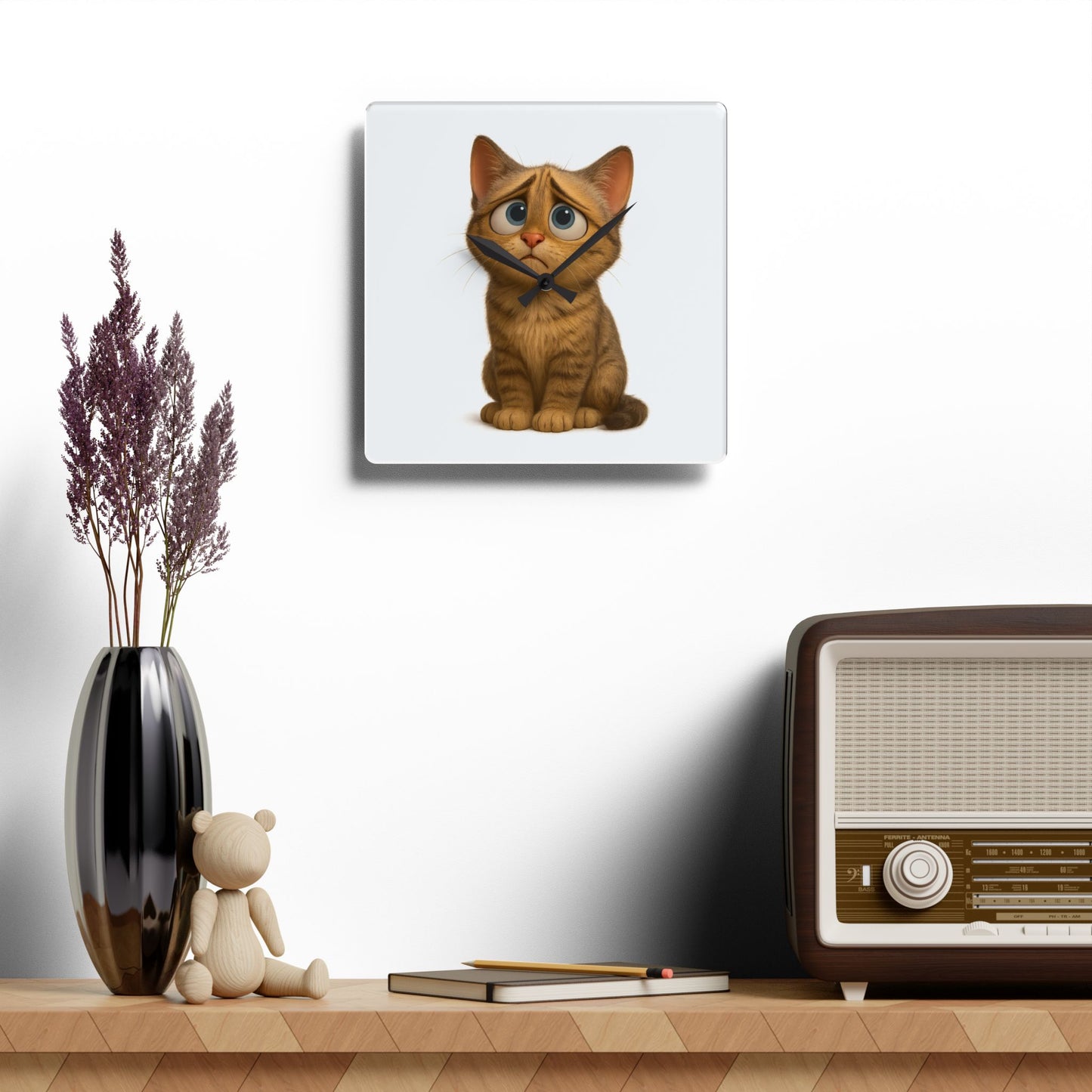 Sad Cartoon Kitten Acrylic Wall Clock – Cute Nursery Cat Decor