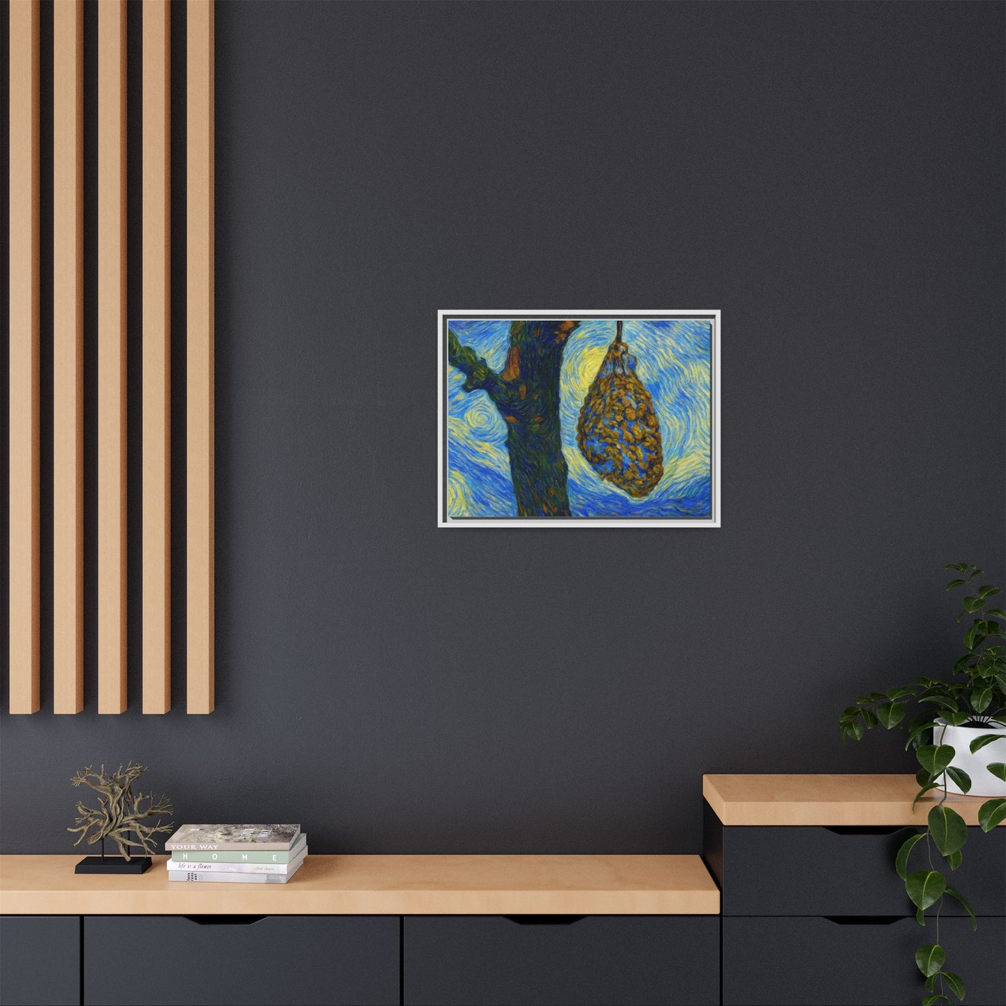 Framed matte canvas art of a starry nut cluster with dried plum in a tree, printed by Printify, showcasing detailed natural imagery.