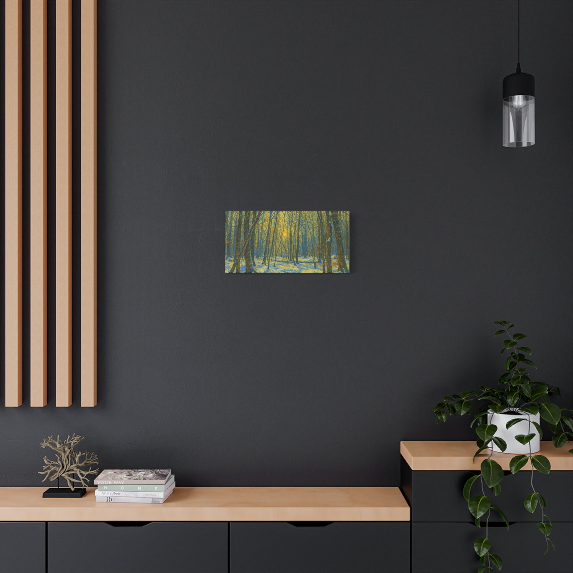 Winter woodland canvas print by Printify featuring sunlight filtering through winter trees on matte stretched art.