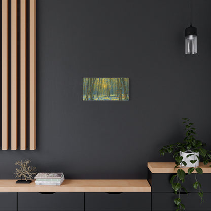 Winter woodland canvas print by Printify featuring sunlight filtering through winter trees on matte stretched art.