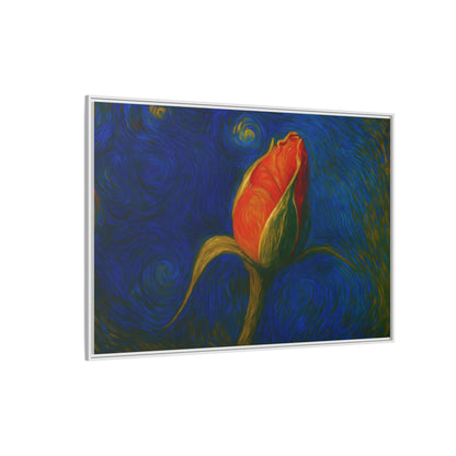 Red rose bud painting on framed canvas wall art by Printify showcasing vibrant, matte floral artwork perfect for home decor.