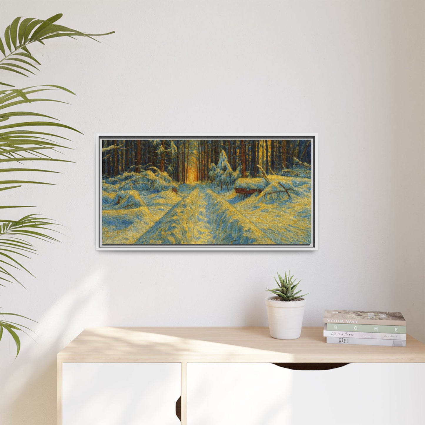Framed matte canvas print of a snowy forest path at sunset, featuring vibrant colors and detailed winter landscape artwork.