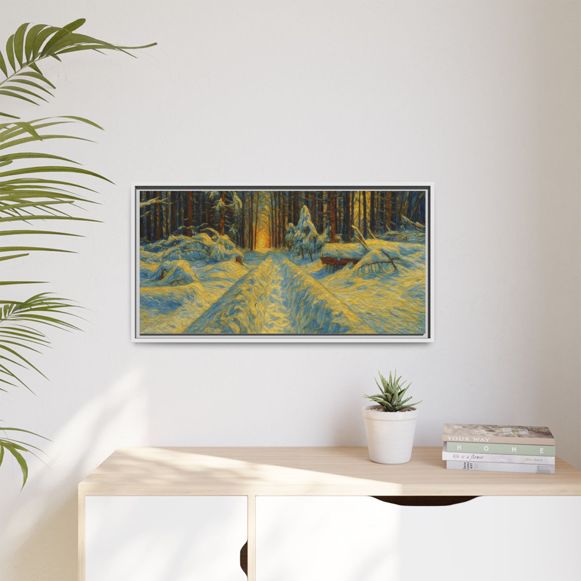 Framed matte canvas print of a snowy forest path at sunset, featuring vibrant colors and detailed winter landscape artwork.