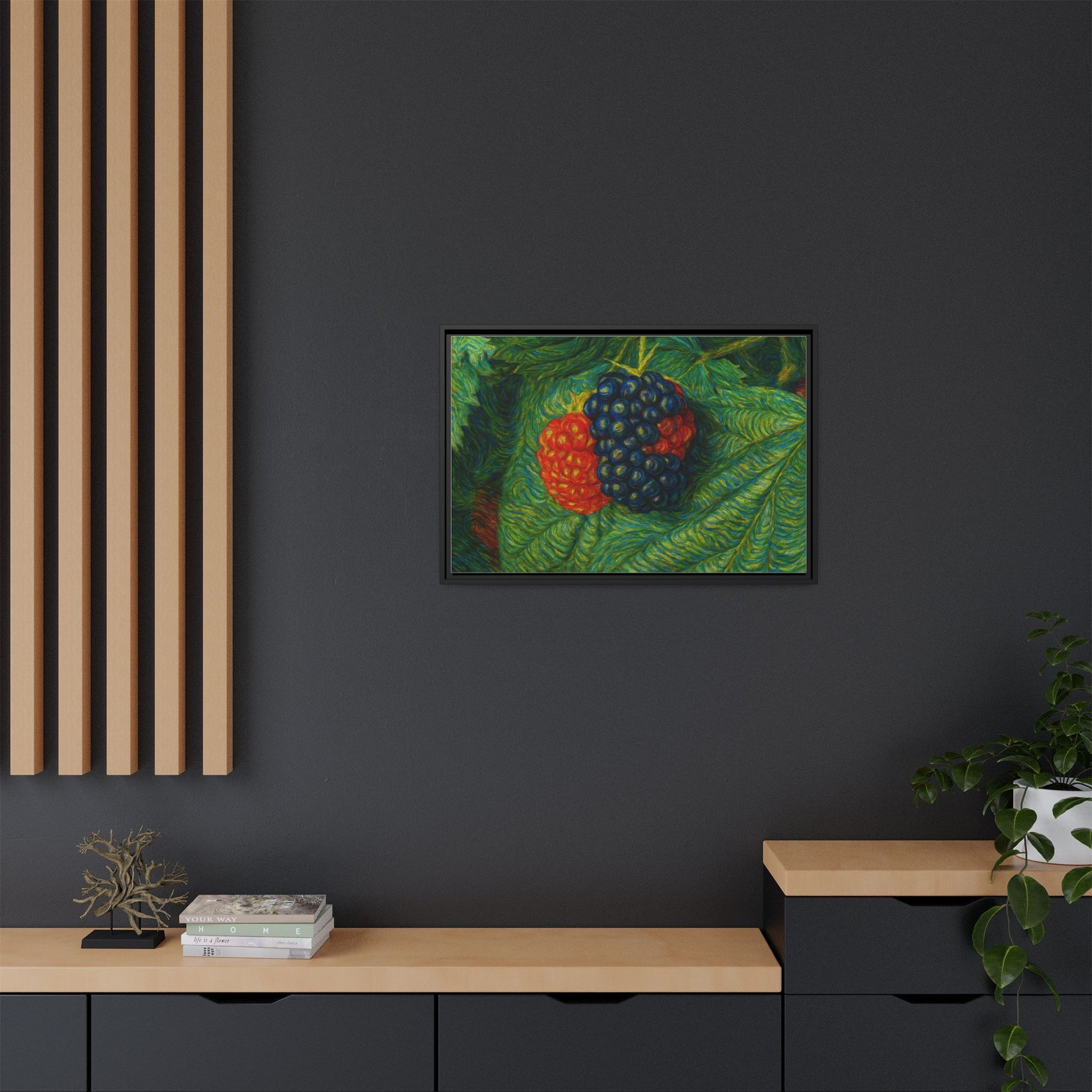 Blackberry still life framed canvas print by Printify featuring a detailed image of ripe blackberries on a natural background.