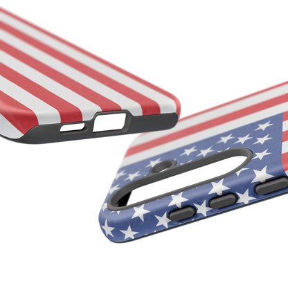 American flag tough phone case for iPhone and Samsung, patriotic protective cover with bold flag design.