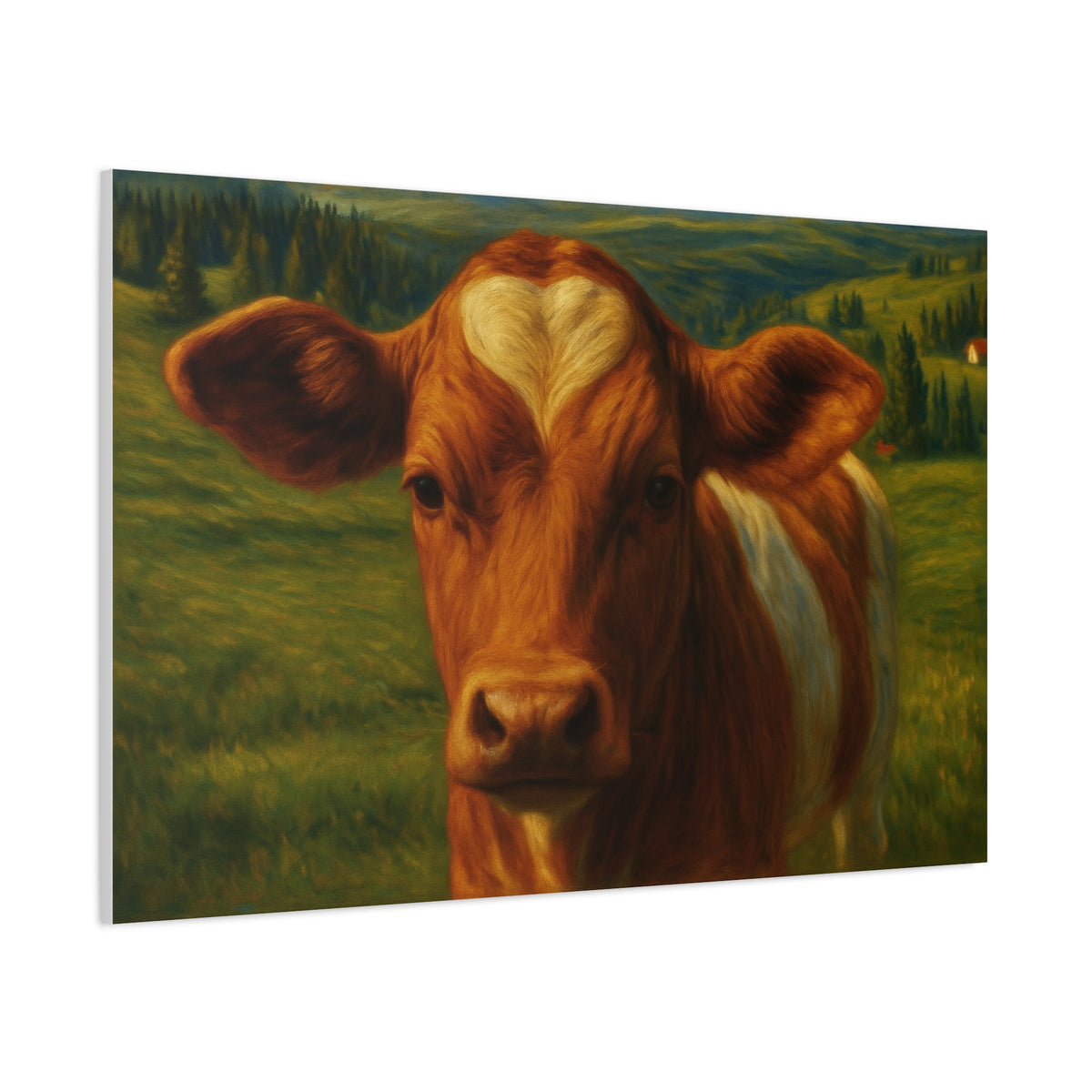 Cow Portrait Canvas Print — canvas wall art of a cow with a heart-shaped forehead marking, close-up of the printed design
