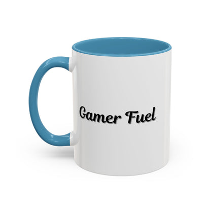 Printify Gamer Fuel coffee mug with a bold accent design, 11oz or 15oz size, featuring a gaming-themed graphic on a ceramic mug.