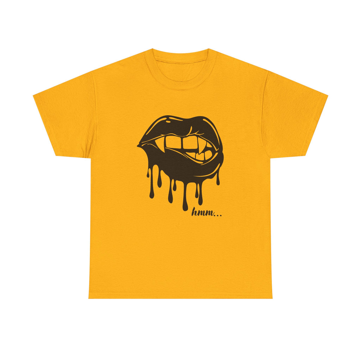 Black graphic T-shirt by Printify featuring a dripping lips design with the text "hmm..." printed across the front.