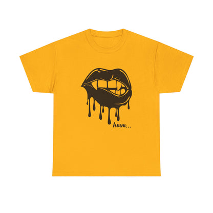 Black graphic T-shirt by Printify featuring a dripping lips design with the text "hmm..." printed across the front.