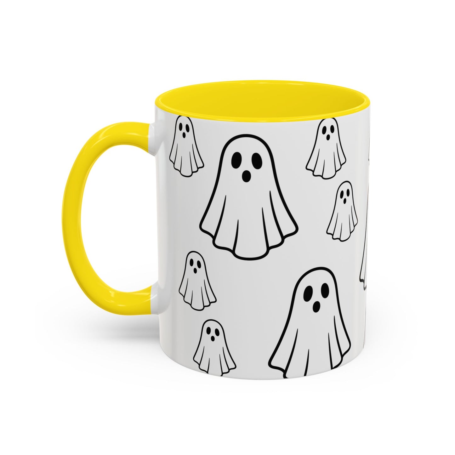 Printify ghost pattern ceramic coffee mug with cute Halloween design, available in 11oz and 15oz sizes.