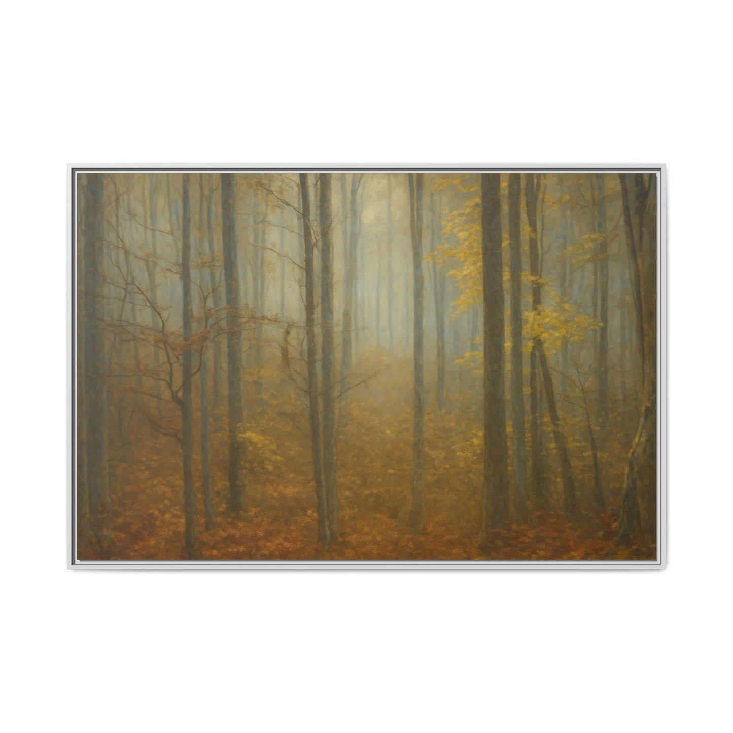 Framed matte canvas wall art of a misty autumn forest with vibrant fall colors, from Printify.