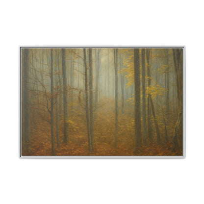 Framed matte canvas wall art of a misty autumn forest with vibrant fall colors, from Printify.