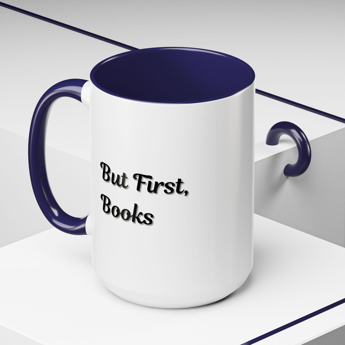 Printify "But First, Books" coffee mug featuring book lover quote and design, available in 11oz and 15oz sizes.