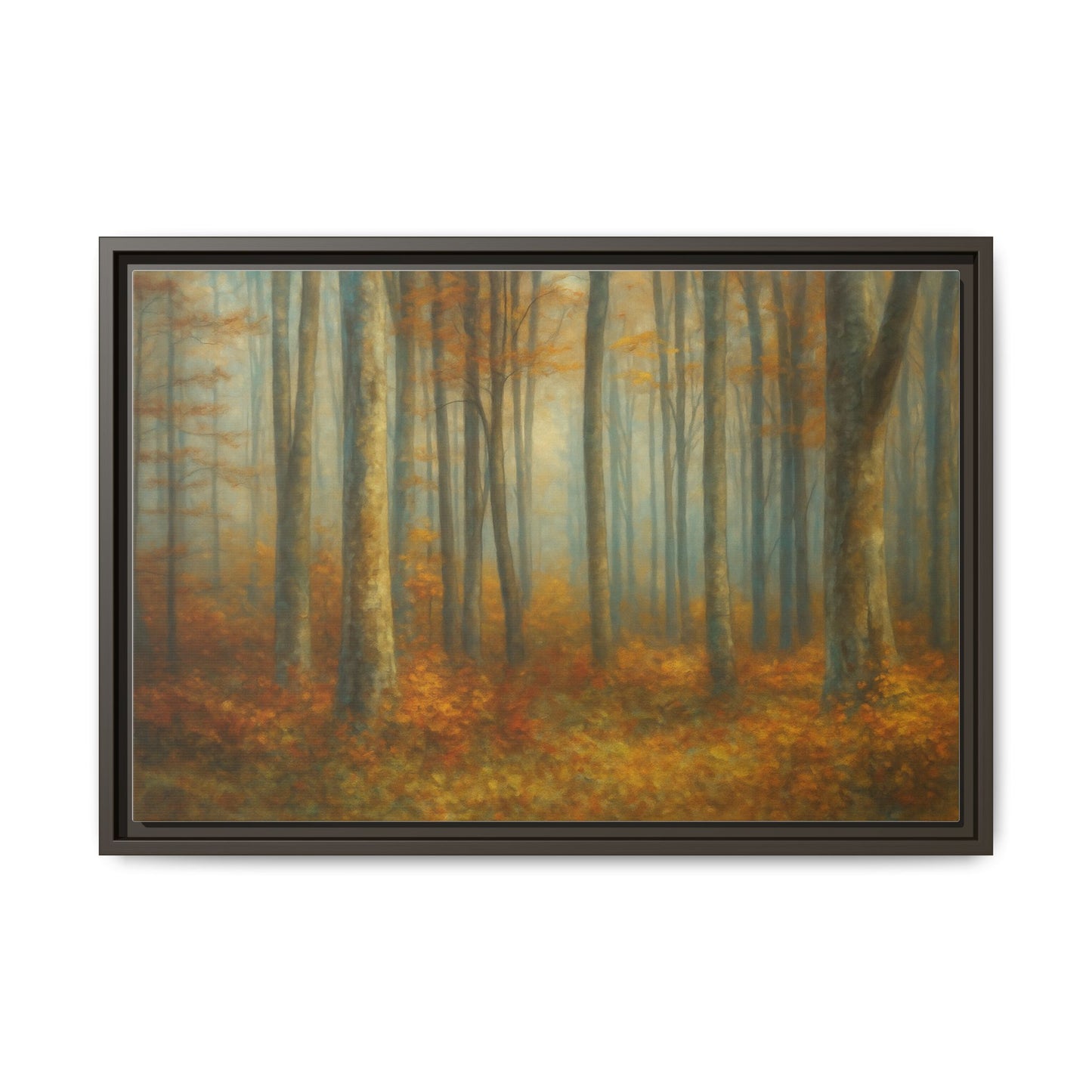 Framed autumn forest canvas print featuring a misty woodland scene, wall art by Printify, with vibrant fall colors and natural details.