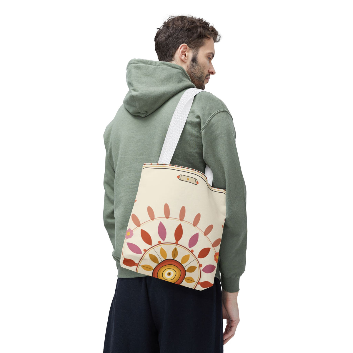 Boho floral mandala tote bag by Printify with pastel sunburst pattern, featuring colorful floral and mandala design on fabric.