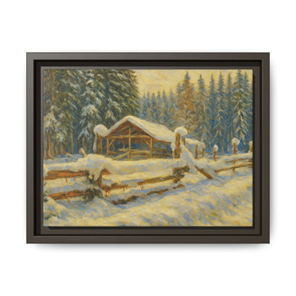 Snowy cabin winter landscape canvas wall art, framed matte print by Printify depicting a cozy winter scene.