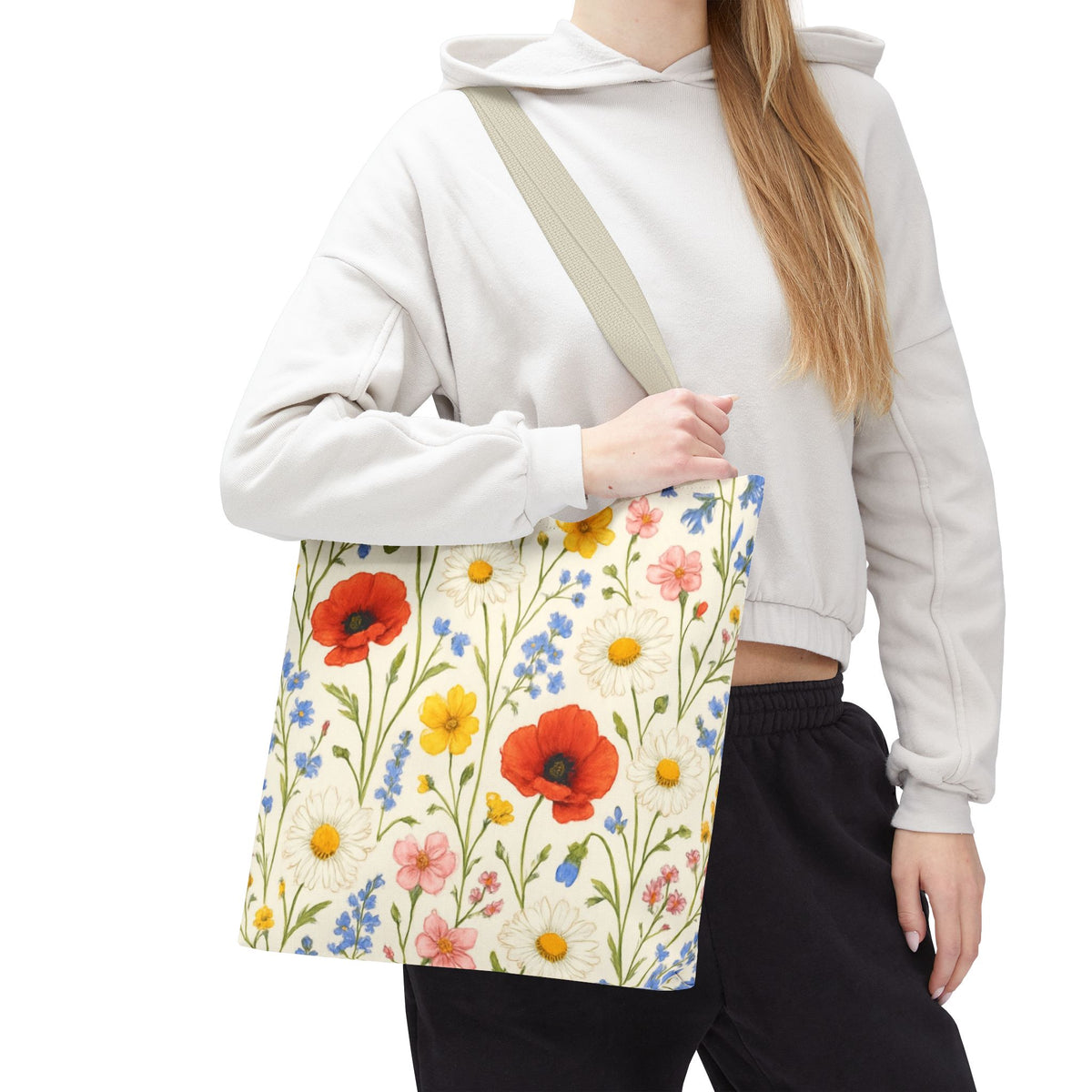Wildflower poppy print tote bag with floral all-over pattern, showcasing a stylish and spacious bag from Printify.
