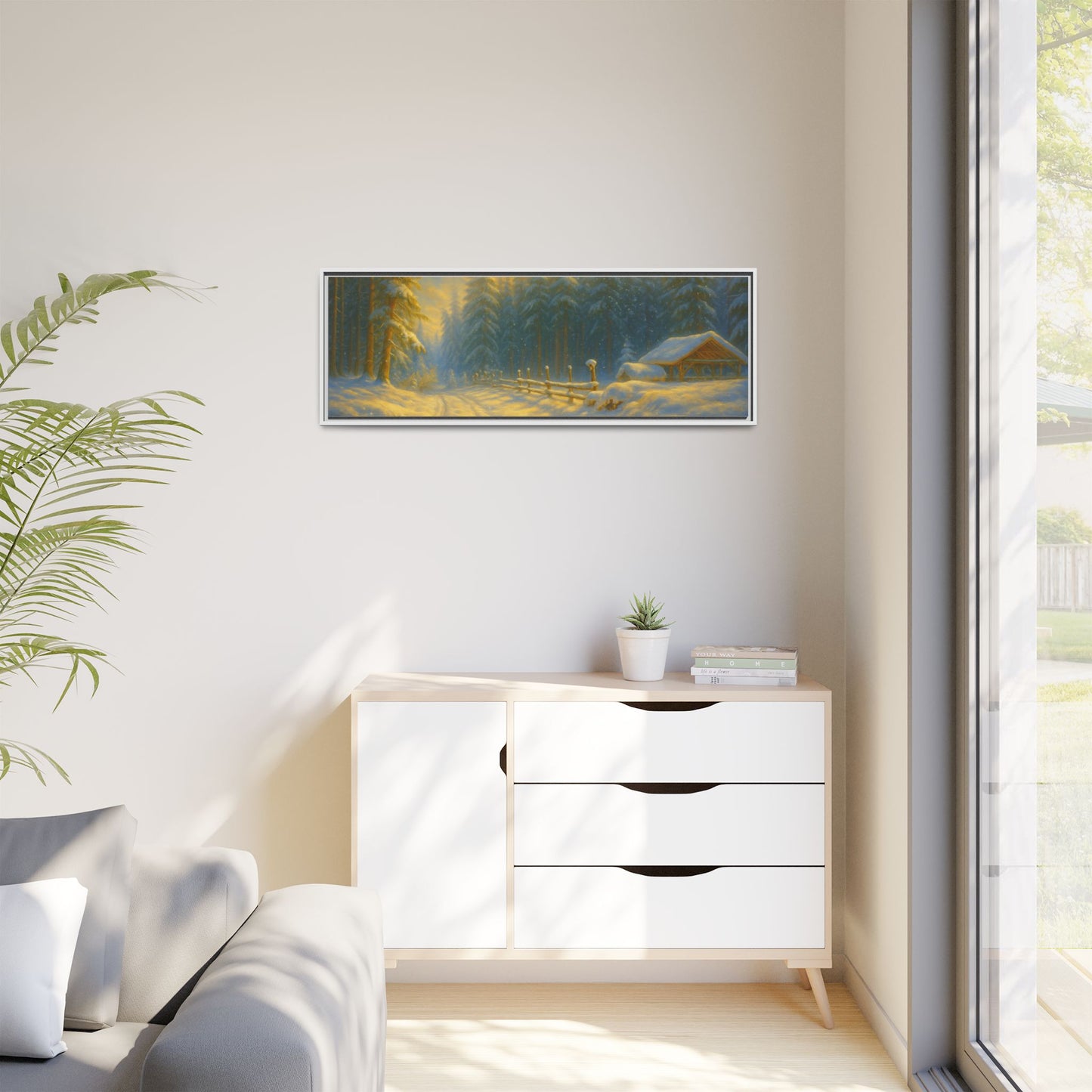 Framed winter cabin canvas print featuring a snowy forest sunset wall art by Printify