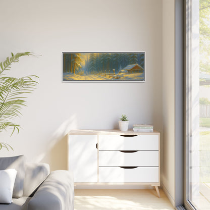 Framed winter cabin canvas print featuring a snowy forest sunset wall art by Printify