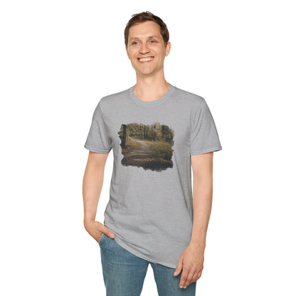 Vintage forest landscape T-shirt by Printify featuring a nature pathway scene on a casual cotton tee.