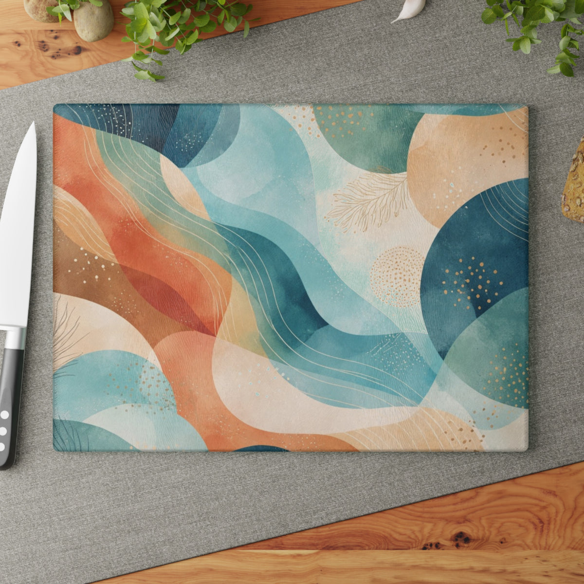 Abstract Ocean Waves Glass Cutting Board — Coastal Blue & Coral Decorative Chopping Board